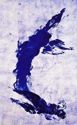 A canvas with blue paint left from the naked bodies