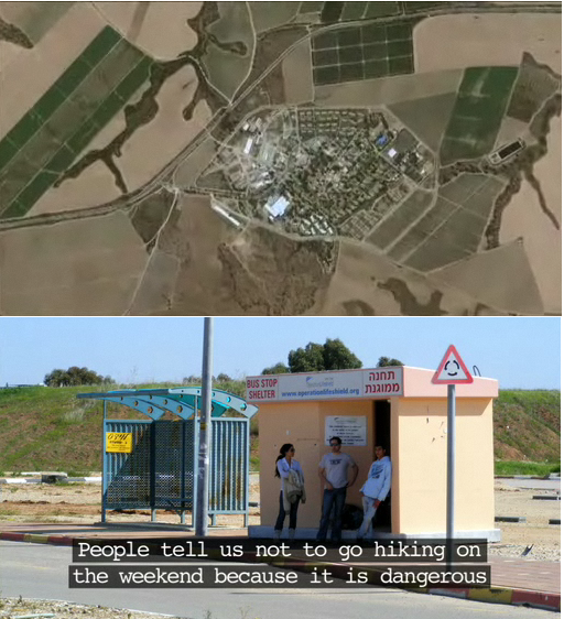 (top) Birds eye view. (bottom) People at a bus stop talking