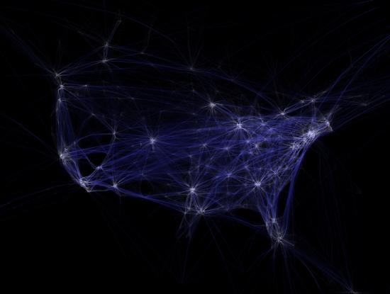 Data visualisation project showing the traces of all the planes crossing the United States in one day
