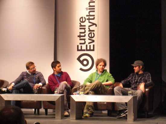 Discussion. From left to right: Tapio Makela, Usman Haque, David Griffiths and Aaron Koblin