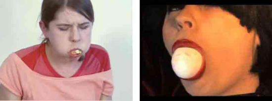 Waelchi (left) indulges herself in chewing gum to the point of drooling, choking, pain. Meanwhile, Smith (right) uses Which Came First (2009) to present an ordinary kitchen chore as a scary and destabilizing sexual metaphor