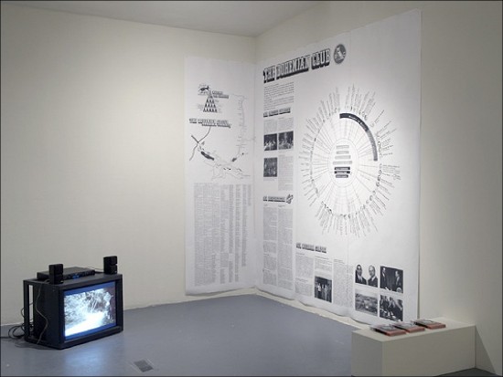 The Paris-based conceptual group, Bureau d'etudes, works intensively in two dimensions. In 2003 for an exhibition called 'Planet of the Apes' they created integrated wall charts of the ownership ties between transnational organizations, a synoptic view of the world monetary game. Check the article 'Cartography of Excess (Bureau Bureau d'etudes, Multiplicity)' written on Mute by Brian Holmes in 2003.