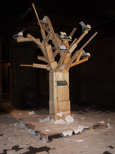 Front view of Endnode (aka Printer Tree). November 23, 2002 during the Beta Launch exhibition. Eyebeam Atelier.