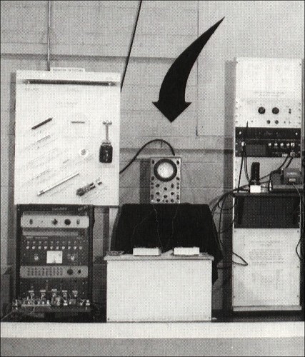 Tennis for Two computer game by William Higinbotham 1958. The oscilloscope is in the middle with the two controllers facing it. Photo courtesy of Brookhaven National Laboratory, New-Upton, York, USA.