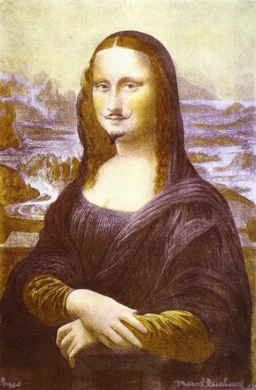 Marcel Duchamp reproduction of Leonardo da Vincis famous painting Mona Lisa on which he drew a moustache and a goatee