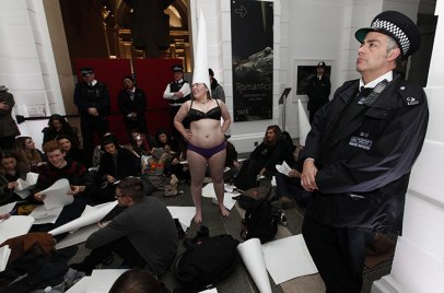 Art students staging an anti-cuts protest on the night of the prize giving ceremony. Photo: Andrew Winning. From FREE ART LONDON LIST. December 8, 2010.
