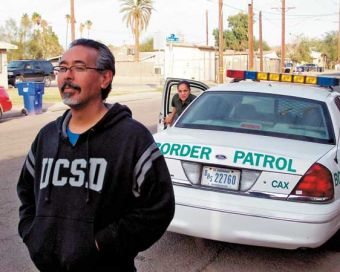 Ricardo Dominguez and border patrol; image courtesy Brett Stalbaum