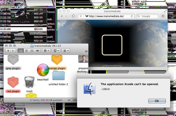 Screenshot of the "Prepared Desktop" performance by artist jon.satrom, trasmediale 2k+12 © transmediale