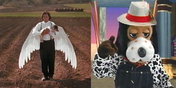 An image of an angel holding a dead dog beside an image of a dog-costumed person