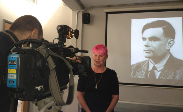 Sue Gollifer being interviewed by the BBC on the Alan Turing Exhibtiion 