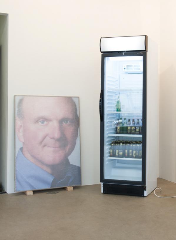Steve Ballmer, by Jonas Lund. Made with a fridge and six crates of beer. Exhibition 'The Fear Of Missing Out'. 2013. Photographed by Lotte Stekelenburg.