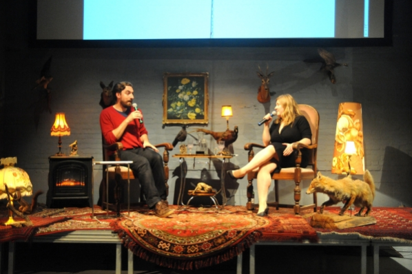Brendan Cormier and Michelle Kasprzak on stage at V2_ for Blowup: Innovation in Extreme Scenarios. Photo by Jan Nass.