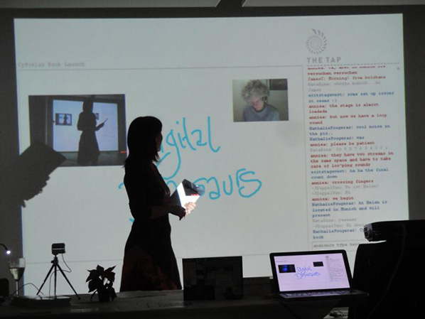 From the launch of “CyPosium the Book”, Munich, Dec 2014, Helen Varley Jamieson presenting and Annie Abrahams on webcam; photo by Andrea Ass