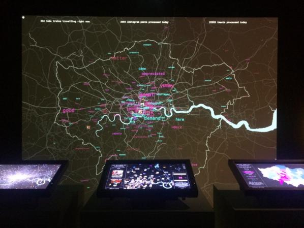 Tekja’s installation in the London Situation Room shows a live feed of Tweets,  Instagram posts and TfL data from London.