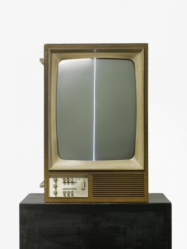 Nam June Paik, "Zen for TV," 1963/1982, manipulated television set; black and white, silent, Collection of Marcel Odenbach, Copyright Nam June Paik Estate. (Lothar Schnepf)