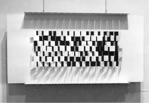 First New Tendencies exhibition, 1961. Exhibition view: b 256 and b 36 by Paul Talman (1961; floor and wall); Julio Le Parc, Probabilité Du Noir Égal Au Blanc N° 4 (Probability of Black Being Equal to White No. 4) (1961), wall, right side. Courtesy Museum of Contemporary Art, Zagreb; copyright © Bildrecht.﻿