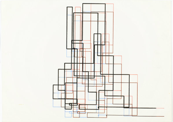 Frieder Nake, Achsenparalleler Polygonzug, 25/2/65 Nr. 14 (Rectangular Random Polygon 25/2/65 No. 14) (1965): computer-generated drawing, ink on paper, 22.4 × 31.1 cm. Courtesy the artist and Museum of Contemporary Art, Zagreb﻿