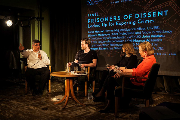 From left to right: John Kiriakou, Magnus Ag, Annie Machon, Annegret Falter