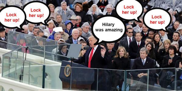 Trump saying Hilary Clinton was amazing while the crowd chant 'lock her up'