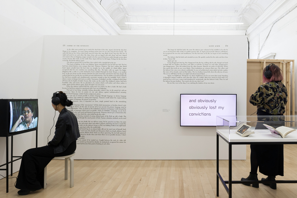 Installation view of I, I, I, I, I, I, I, Kathy Acker at ICA, London 2019. Photo: Tomas Rydin | readsreads.info