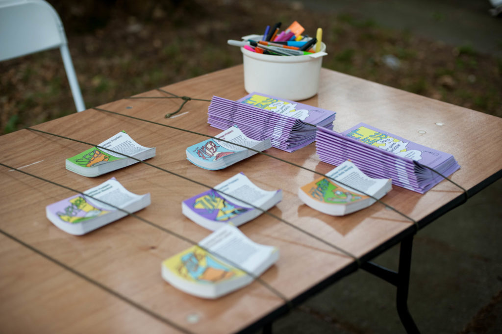Image of the Planet Casheless 2029 table at the Furtherfield Future Fair on 10th August 2019, image credit: Julia Szalewicz