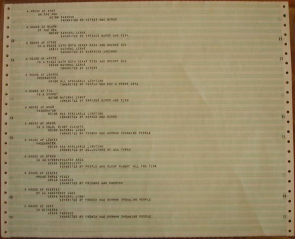 Output from Alison Knowles' "House of Dust", 1967. Computer printout.