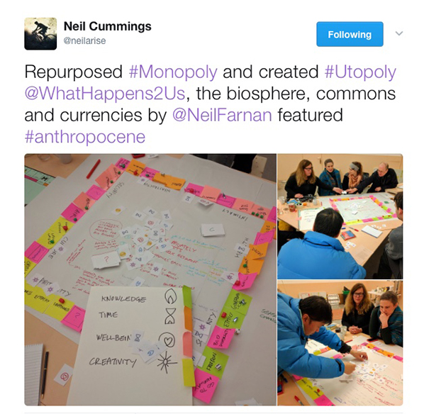 Tweet by Neil Cummings about Utopoly