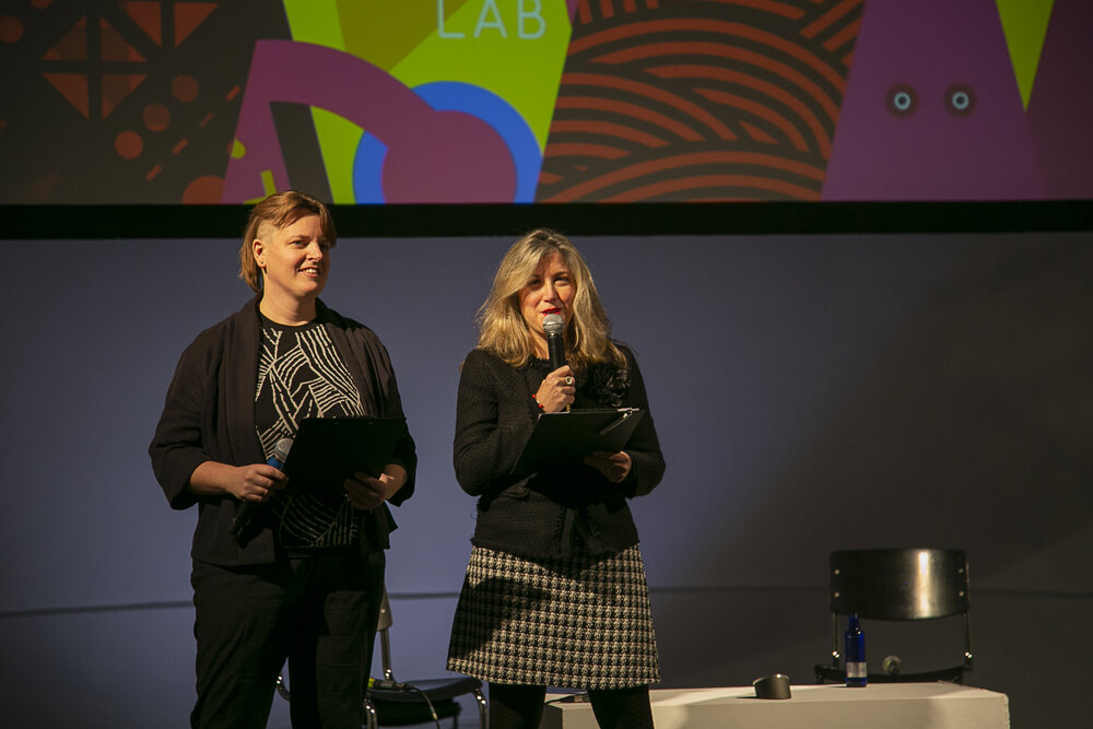 Lieke Ploeger, community director of the Disruption Network Lab, and Dr. Tatiana Bazzichelli, founder and director of the Distruption Network Lab opening the 21st conference “Borders of Fear”