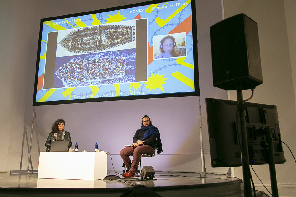 Gaia Giuliani (video), Walid El-Houri and Joana Varon during the panel “Politics & Technologies of Fear”