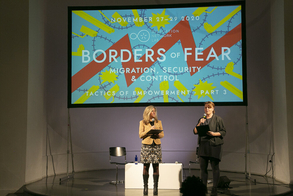 Dr. Tatiana Bazzichelli, founder and director of the Distruption Network Lab and Lieke Ploeger, community director of the Disruption Network Lab, closing the 21st conference “Borders of Fear”