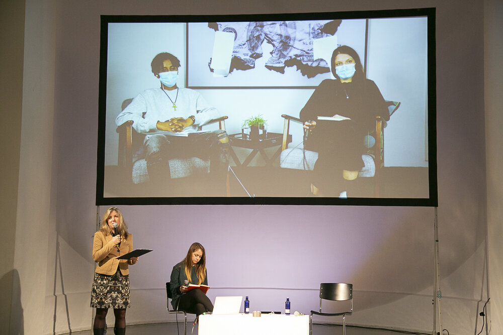 Yoseph Zemichael AfeworkiandAmbre Schulz (video), Dr. Tatiana Bazzichelli (left) and Sally Hayden