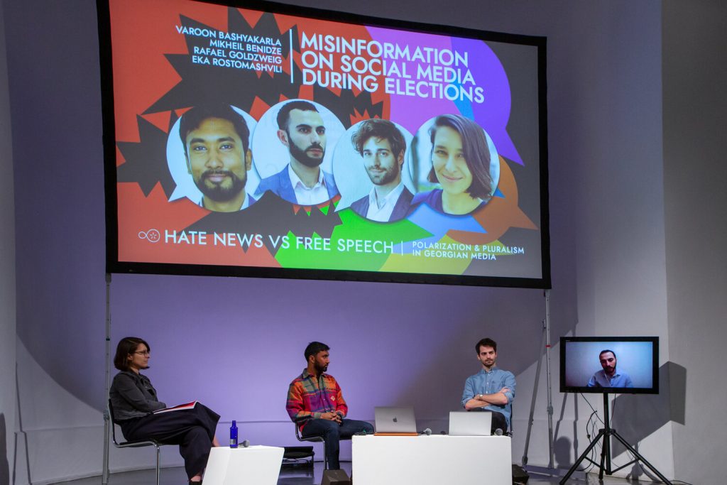 Eka Rostomashvili, Varoon Bashyakarla, Rafael Goldzweig and Mikheil Benidze (screen) during the panel "Misinformation on Social Media during Elections"