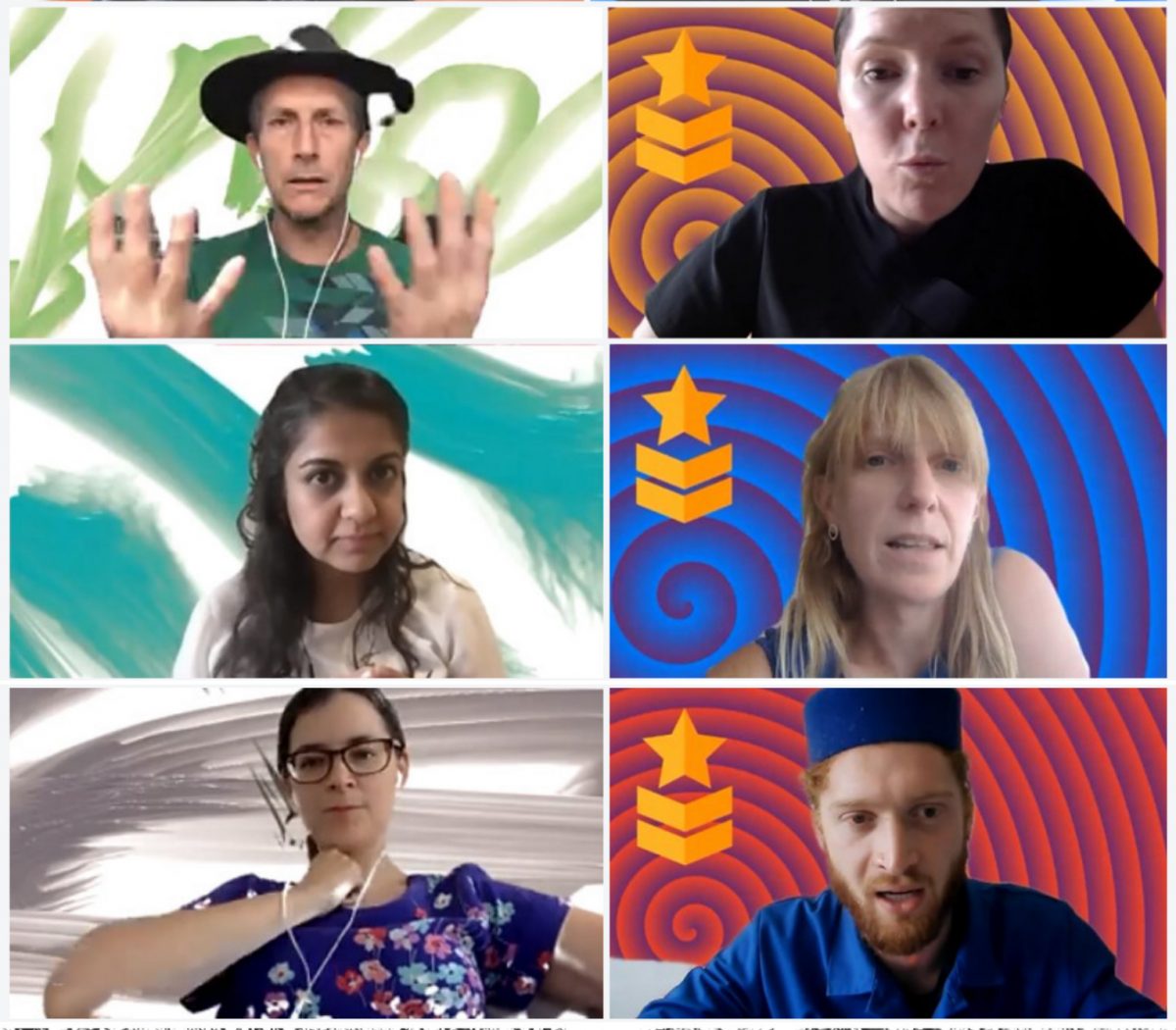 A Zoom call with 6 participants with spirally backgrounds in a assortment of colours.