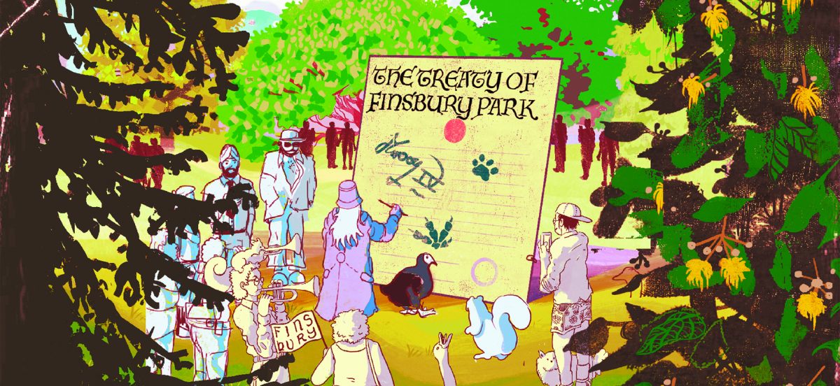 Cartoon illustration of mystical characters signing The Treaty of Finsbury Park