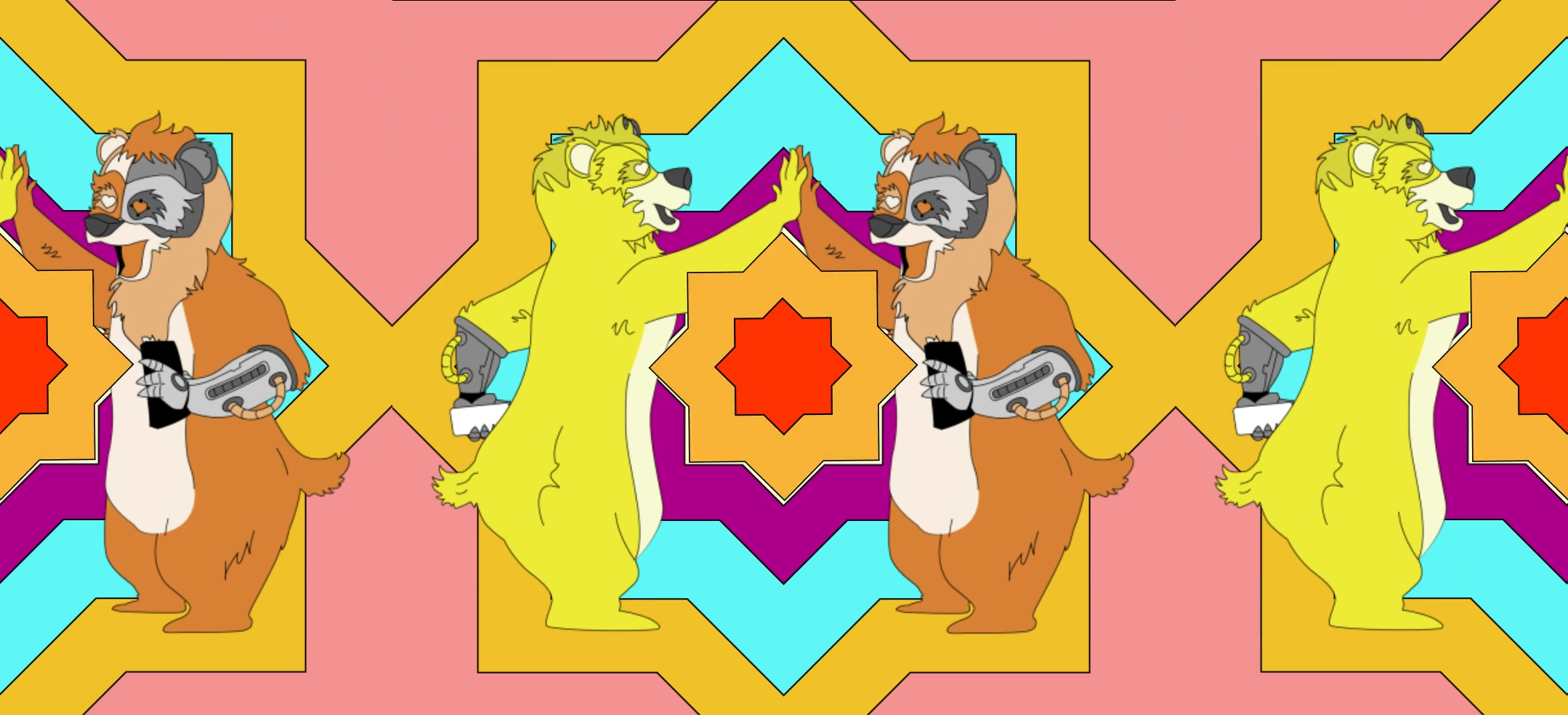 Two cyborg bears high-fiving with a star burst in the background